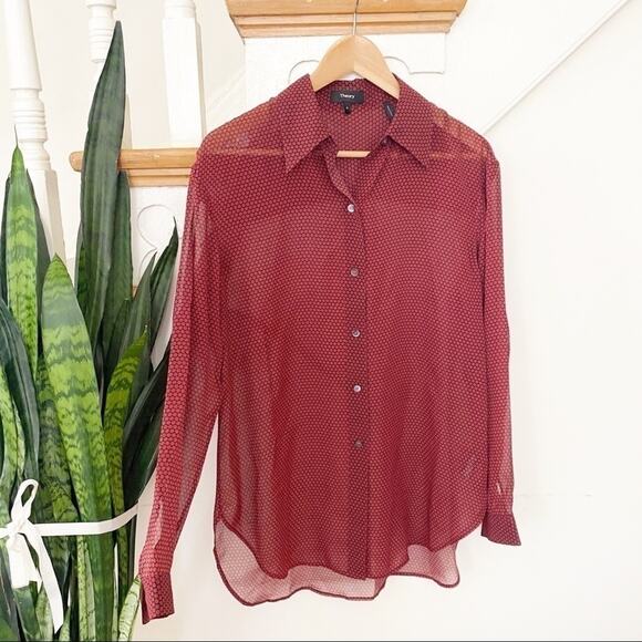 Theory Maroon pattern sheer button down shirt silk - Picture 1 of 8